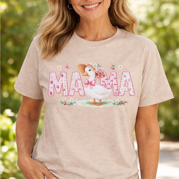 Viva Little Shop handmade Tops - Mama Duck Graphic Tee - Pink & Cream